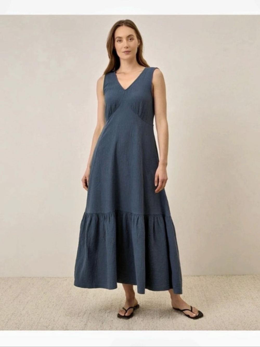 Pact Organic Coastal Double Gauze Strappy Tiered Maxi Dress Blue Medium